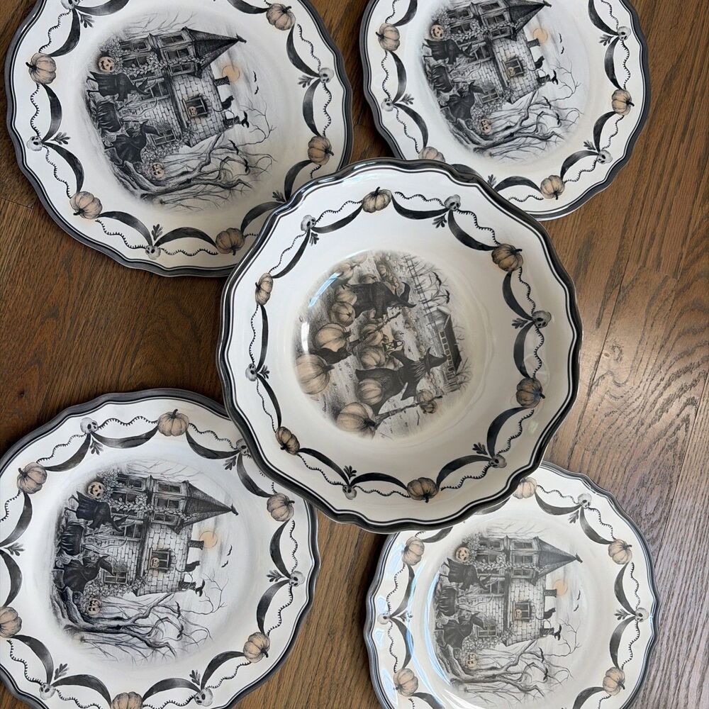 Halloween Melamine Witch Coven Black Cat Pumpkin Bats Dinner Plates Bowl Set 5pc